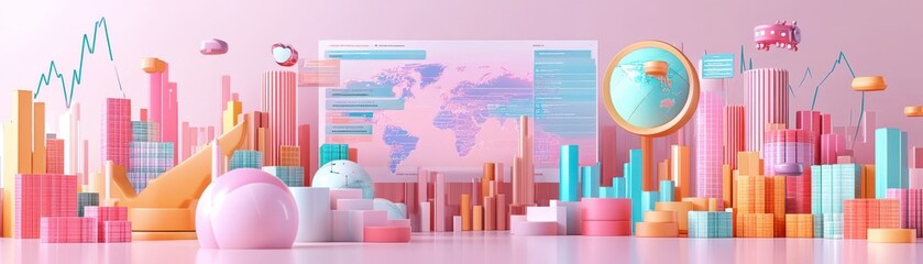 Poster - A vibrant 3D cityscape featuring colorful buildings, graphs, and a globe, set against a pink background, symbolizing growth and global connectivity.