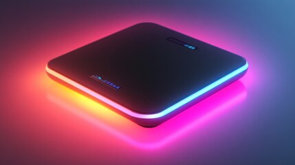 Poster - Futuristic square device with neon light.