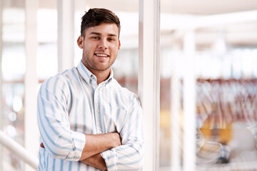 Poster - Creative, office and portrait of businessman with arms crossed, opportunity and inspiration in startup development. Relax, architect and happy designer with confidence, pride and project management