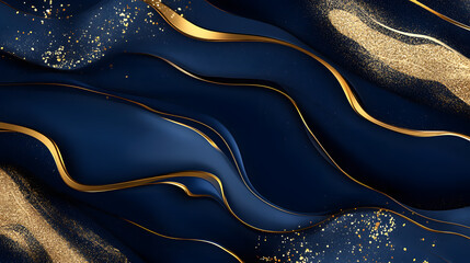 Fototapete - Abstract blue and gold background with golden lines and fluid navy patterns