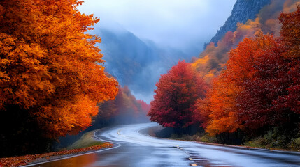 Wall Mural - Autumnal Road Landscape Illustration