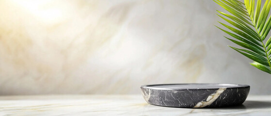 Poster - Marble tray on marble surface with palm leaf in minimal setting
