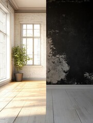 Aufkleber - Contrast of old and modern room interiors showcasing renovation potential and design choices. Generative AI