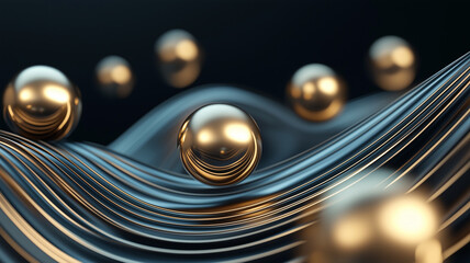 Aufkleber - Golden spheres float above abstract waves, creating minimalist composition
