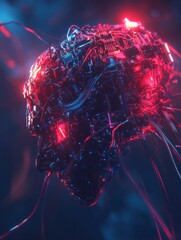 Poster - Digital brain with glowing circuits and wires depicting the fusion of technology and intellect in a futuristic setting. Generative AI