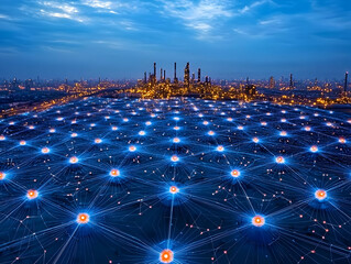 Poster - Smart factory network at dusk, industrial city