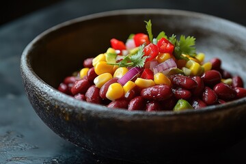 Wall Mural - Delicious red kidney bean salad with corn and avocado in rustic bowl