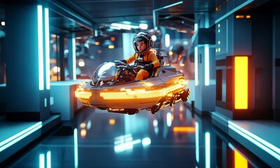 Wall Mural - futuristic flying vehicle ride in sci-fi environment with astronaut 3d cartoon with ai generated