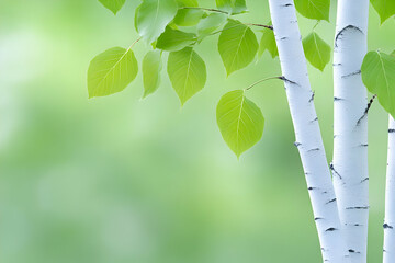 Wall Mural - Birch Tree Leaves Green Background Image