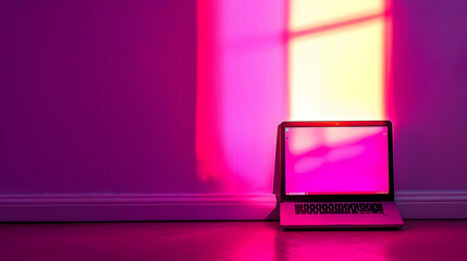 Poster - Laptop illuminated, room, sunset glow, work