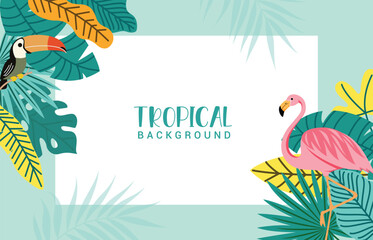 Wall Mural - tropical summer clipart background template. summer greeting card with toucan, flamingo and colorful