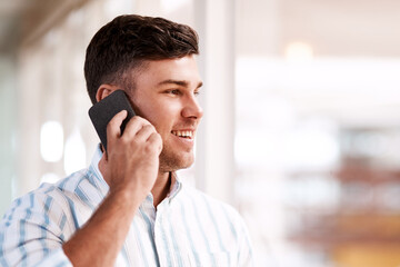 Poster - Man, phone call or happy at window for creativity, discussion or project planning. Designer, smile and tech in creative agency for new opportunity, networking and communication in online consultation