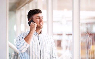 Poster - Man, phone call or smile at window for creativity, discussion or project planning. Designer, smile and tech in creative agency for new opportunity, networking and communication in online consultation