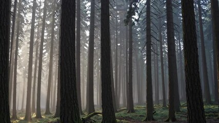 Poster - Sunlit misty forest with tall pine trees, tranquil morning atmosphere. Nature and serenity concept