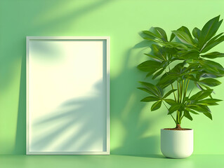 Wall Mural - Green Room 3D Illustration Mockup with Plant