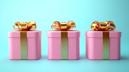 Wall Mural - Three pink gift boxes with gold ribbons on a blue background.