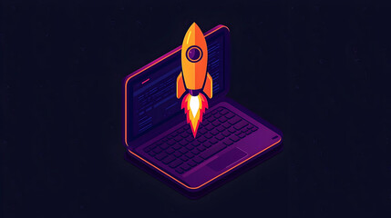 Poster - Rocket launching from laptop screen; dark background; startup concept