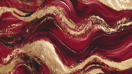 Poster - Red and gold marble background with tulip flowers in a hypnotic interplay of colors and patterns