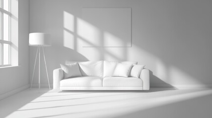 Wall Mural - Minimalist white living room with sofa, lamp, and window.