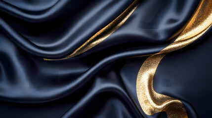Poster - Black and gold silk fabric draped with tulip flowers in a high-contrast composition