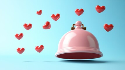 Poster - Pink cloche with floating red hearts on light blue background.