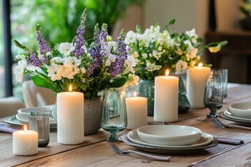 Poster - Elegant festive dining table with glowing candles and fresh flowers for a special occasion celebration. Generative AI