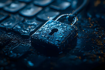 Poster - Wet padlock on keyboard; data security