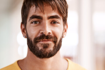Poster - Creative, smile and portrait of man in office with confidence, opportunity and growth in startup development. Relax, face and designer with business plan, inspiration and pride in project management