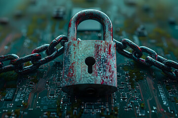 Poster - Rusty padlock secures circuit board; data security