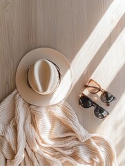 Aufkleber - Fashion accessories displayed on a wooden table with sunlit shadows creating a serene and stylish atmosphere. Generative AI