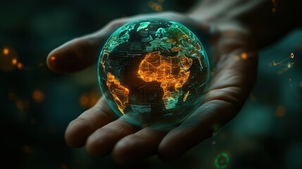 Poster - Hand Holding a Glowing Transparent Globe of Africa with Network Connections and Digital Elements for Global Connectivity Theme