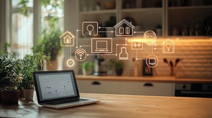 Poster - Modern Smart Home Technology Concept with Laptop and Icons of Connectivity in Stylish Kitchen Interior