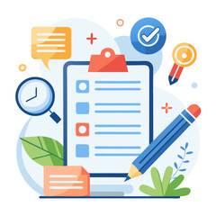 Poster - A visual representation of a document review process, featuring a checklist, writing tools, and feedback elements that highlight grammar and spelling checks