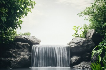 Poster - Serene waterfall cascading over smooth rocks surrounded by lush greenery in a tranquil natural setting. Generative AI