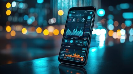 Fototapete - Modern smartphone displaying colorful data analytics and graphs in an urban night setting with vibrant bokeh lights in the background