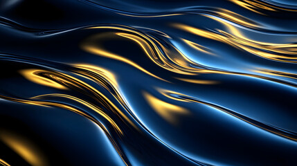 Poster - Blue and gold background with wavy lines and abstract floral elements in a liquid design style