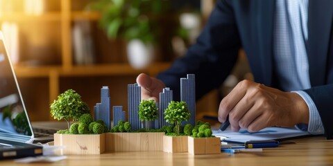 Poster - Miniature Cityscape Model with Green Trees on Office Desk Representing Sustainable Urban Development and Innovative Architecture Planning