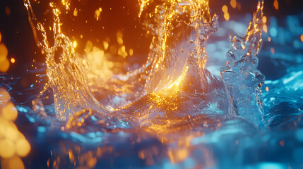 Poster - Close up of water droplets on a bright orange background with tulip petals and abstract design elements