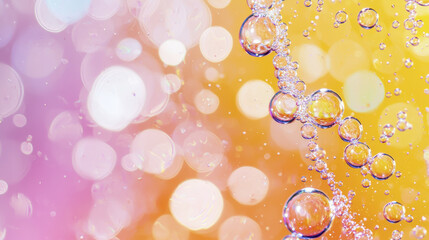 Poster - Bubbles float gracefully in colorful background of soft bokeh lights, creating dreamy and vibrant atmosphere