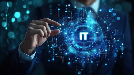 Fototapete - Professional Businessman Showcasing Innovative Information Technology Concept with Futuristic Digital Elements and Abstract Data Visualization
