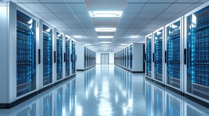 Poster - Modern data center image showcasing rows of high-performance servers in sleek, organized environment with bright illumination and reflective floor surfaces