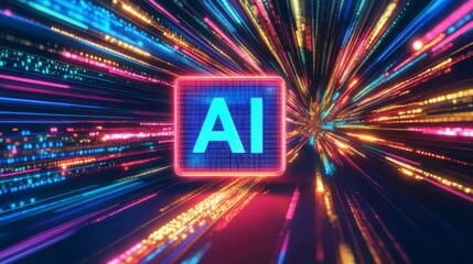 Poster - A vibrant depiction of AI technology with colorful streams of light radiating from the central 