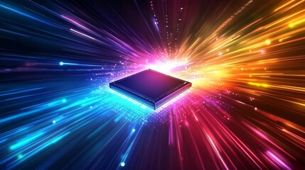 Aufkleber - A vibrant, abstract representation of a computer chip surrounded by dynamic bursts of color, symbolizing speed and technology.