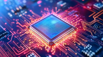 Leinwandbilder - A close-up of a modern microchip surrounded by vibrant circuit patterns, showcasing cutting-edge technology and intricate design.