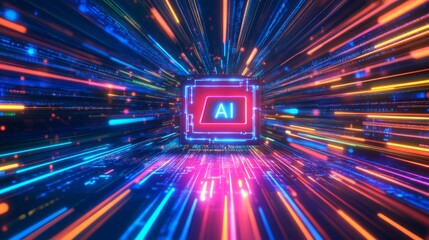 Aufkleber - A vibrant, abstract representation of artificial intelligence, featuring dynamic streaks of light converging towards an 