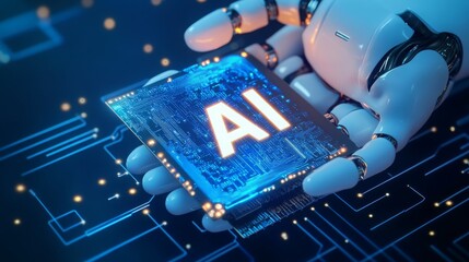 Poster - A robotic hand holds a glowing computer chip marked 