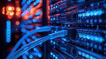 Poster - Detailed Close-Up of Illuminated Server Rack with Blue and Orange Lights along with Network Cables Provides Insight into Data Center Technology