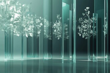 Wall Mural - Glowing reflections in an abstract glass forest with illuminated tree shapes and ethereal lighting effects. Generative AI