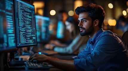 Fototapete - Focused Young Man Working Late on Computer Code in Dimly Lit Room with Multiple Monitors and Soft Background Lights