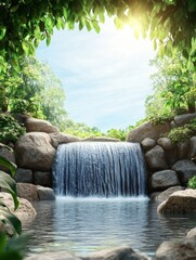 Aufkleber - Serene waterfall cascading over rocks surrounded by lush greenery in a peaceful natural setting. Generative AI
